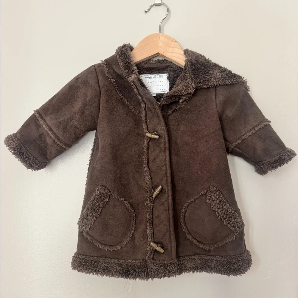 Vertbaudet Chocolate Brown Sherpa Lined Coat 6M Toggle Hood Cozy Scandi Chic